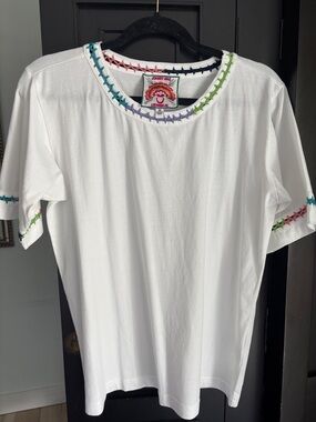 Johnny Was White Crewneck Tee with Multicolor Embroidered Trim